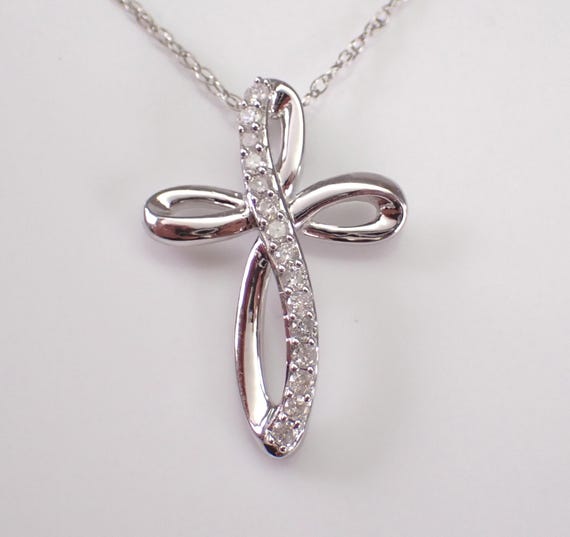 White Gold Diamond Cross Pendant, Dainty Religious Charm Necklace, Crucifix Gift on Thin 18 inch Chain