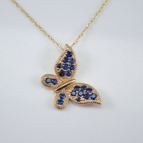 Dainty Sapphire Butterfly Charm Pendant - Solid Yellow Gold Slide Necklace - September Birthstone Fine Jewelry Choker