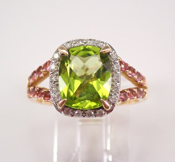 Peridot and Pink Tourmaline Engagement Ring - Cushion Cut Gemstone and Diamond Band - 14k Yellow Gold Fine Jewelry Gift