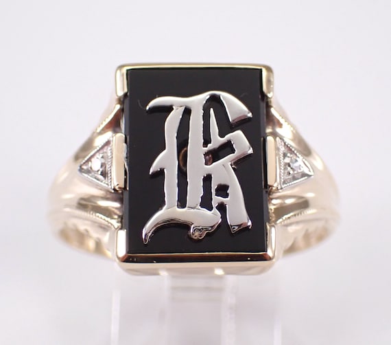 Vintage Yellow Gold Signet Ring - Antique Initial Scroll Band - Unique Onyx and Diamond Fine Jewelry Gift