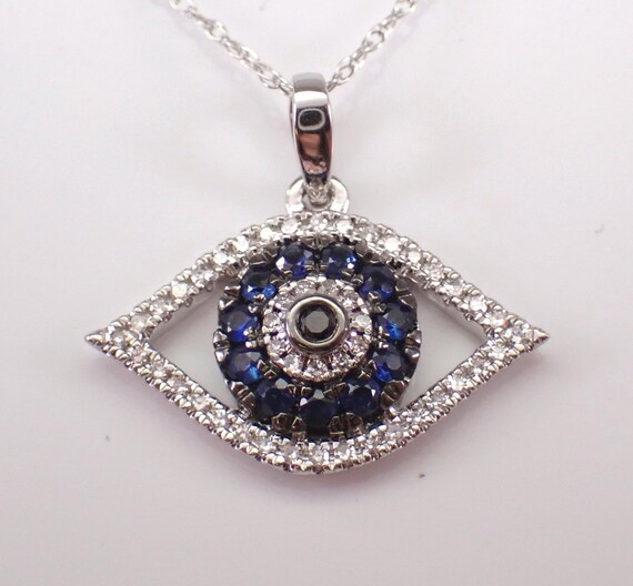 White Gold Sapphire Evil Eye Necklace - Diamond Charm Pendant Choker Chain - Protection Good Luck Jewelry Gift