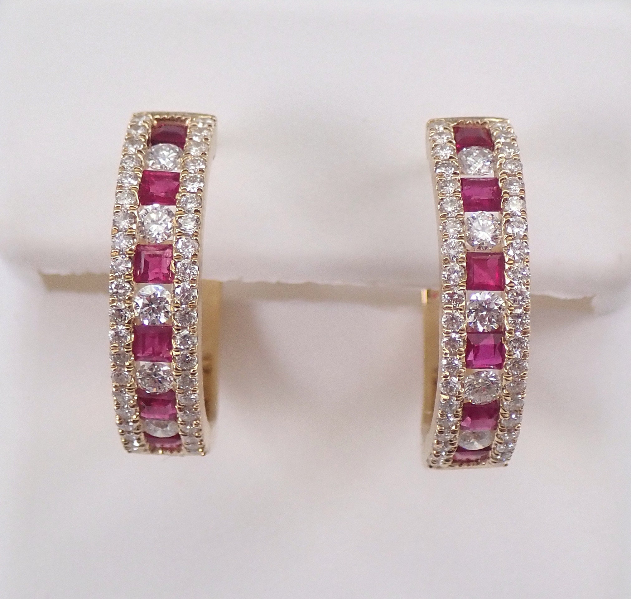 Diamond and Ruby Hoop Earrings Hoops Yellow Gold July Birthstone Graduation