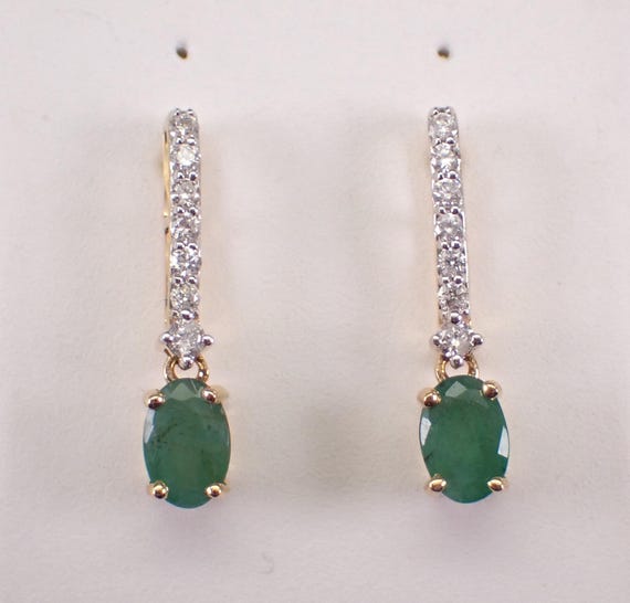 Yellow Gold Emerald and Diamond Dangle Earrings