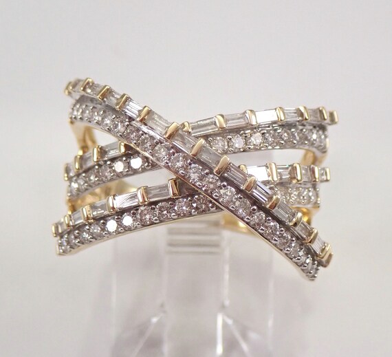 14K Yellow Gold 1.07 ct Diamond Anniversary Ring Multi Row Crossover Wedding Band Size 7