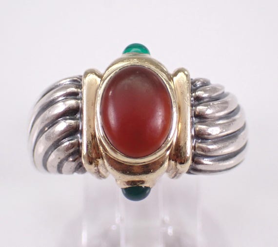 Authentic David Yurman Renaissance Ring - 14K Yellow Gold and Sterling Carnelian and Emerald Band, Two Tone Vintage Designer Jewelry