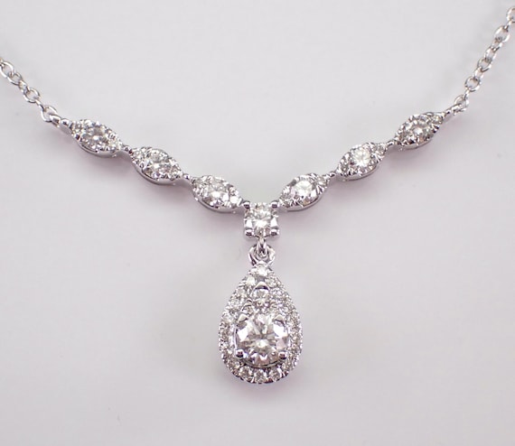 14K White Gold Diamond Necklace - Teardrop Station Halo Charm Pendant and Chain - GalaxyGems Fine Jewelry Choker Gift