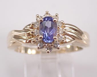Vintage 14K Yellow Gold Tanzanite and Diamond Ring: Gemstone Halo Engagement Setting