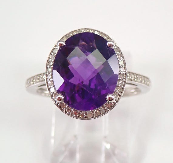 Large Oval Amethyst and Diamond Ring - Genuine Halo Engagement Setting - 14K White Gold February Gemstone Jewelry Gift