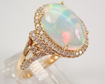 14K Yellow Gold 4.42ct Opal and Diamond Ring - Halo Engagement Ring - October Birthstone Gemstone Gift - GalaxyGems Jewelry