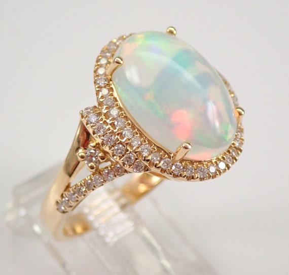 14K Yellow Gold 4.42ct Opal and Diamond Ring - Halo Engagement Ring - October Birthstone Gemstone Gift - GalaxyGems Jewelry