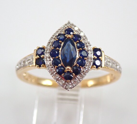 Dainty Sapphire Ring in Yellow Gold with Diamonds, Halo Style Cluster Right Hand Ring Size 7.25 FREE SIZING