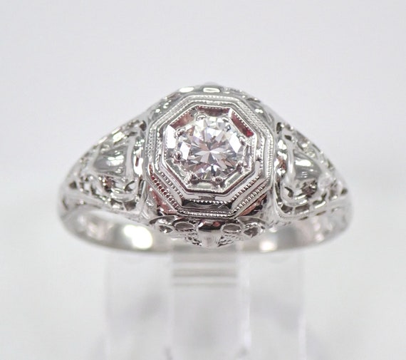 Antique 18K White Gold Diamond Engagement Ring - Dainty Art Deco Filigree Setting - Bridal Promise Fine Jewelry Gift
