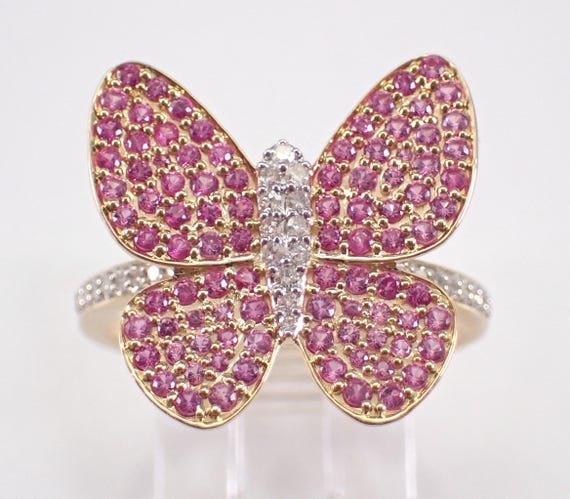 Yellow Gold Pink Sapphire Butterfly Ring - Unique Pave Cluster Gemstone Band - GalaxyGems Fine Jewelry Gift