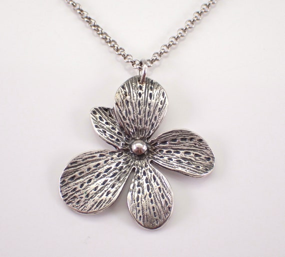 Vintage Sterling Silver Flower Necklace, Unique Large Floral Charm Pendant Chain, Estate Everyday Daily Wear Jewelry Gift