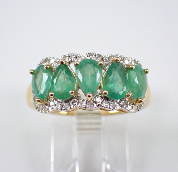 Emerald and Diamond Wedding Ring - Yellow Gold Gemstone Anniversary Band - May Birthstone Fine Jewelry Gift