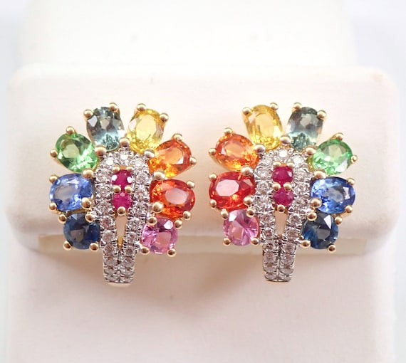 Multi Color Sapphire Earrings - Solid 18K Yellow Gold Jewelry - Diamond and Gemstone Unique Gift