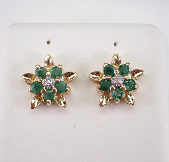 Vintage Emerald Stud Earrings, Estate Yellow Gold Star Cluster Motif, May Gemstone Birthstone Jewelry Gift