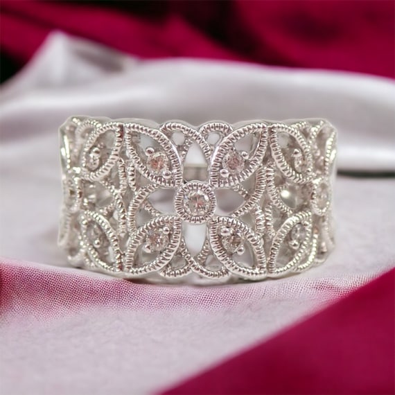 Genuine Diamond Milgrain Wedding Ring - White Gold Floral Anniversary Ring - Flower Cluster Unique Fine Jewelry