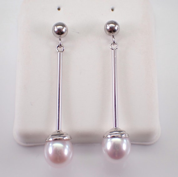 14K White Gold Pearl Dangle Earrings - Simple Bar Gemstone Setting - June Birthstone Fine Jewelry Gift