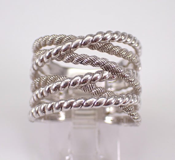 Sterling Silver Multi Row Braided Band - Large Stackable Beaded Ring - Unique Anniversary Jewelry Gift