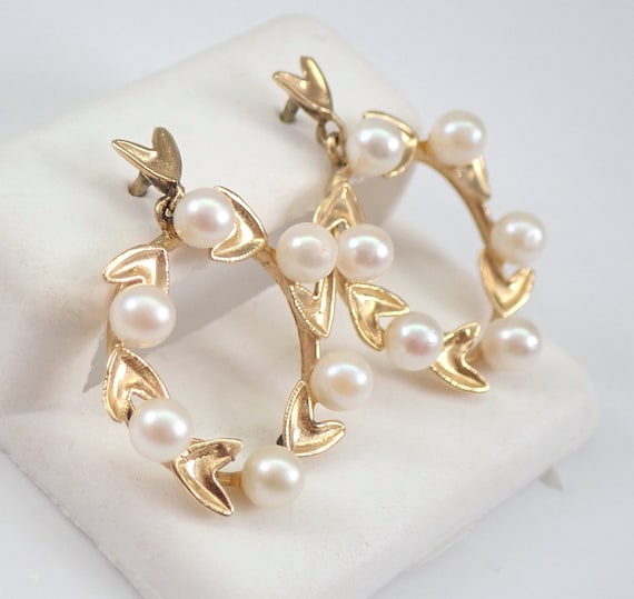 Vintage Pearl Dangle Earrings - Solid 14K Yellow … - image 2