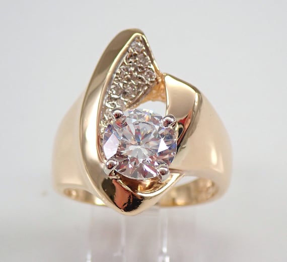 Vintage 14K Yellow Gold Engagement Ring - Cubic Zirconia and Diamond Setting - 80s Estate Bridal Jewelry Gift