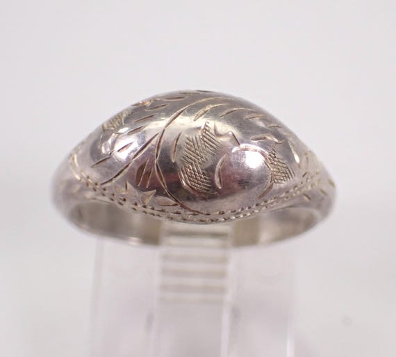 Vintage Sterling Silver Pinky Ring - Estate Dainty Engraved Dome Band - Unique Birthday Jewelry Gift