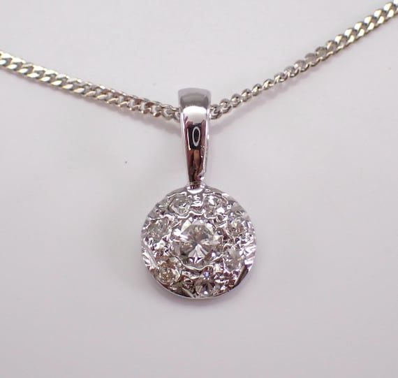 14K White Gold Diamond Pendant and Chain - Dainty Halo Cluster Choker Necklace - Unique Bridal Jewelry Gift
