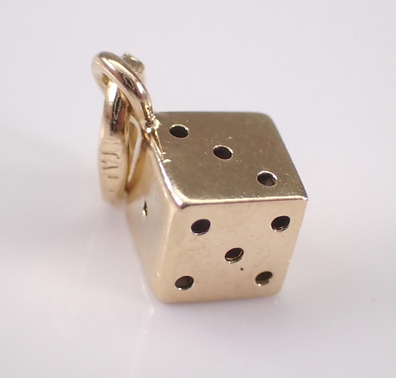 Vintage 14K Yellow Gold Mini Dice Charm, Black Enamel Game Cube Pendant, Unique Jewelry Gift for Bracelet or Necklace