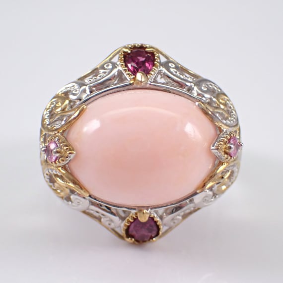 Vintage Sterling Silver Coral Ring - Large Estate Gemstone Domed Band - Teardrop Rhodolite Garnet and Pink Tourmaline Gems