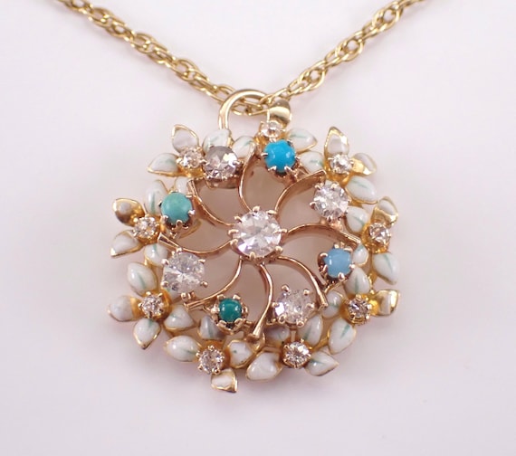 Antique 14K Yellow Gold Diamond and Enamel Necklace: Vintage Turquoise Wreath Charm Pendant and Chain