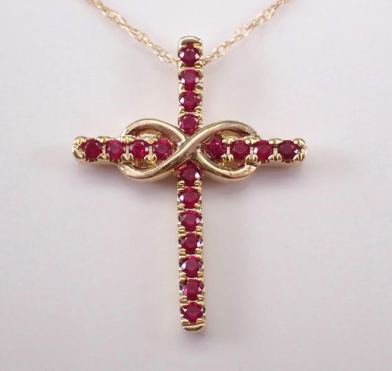 Ruby Cross Pendant and Chain - Yellow Gold Religious Infinity Charm Necklace - Gemstone Fine Jewelry Gift