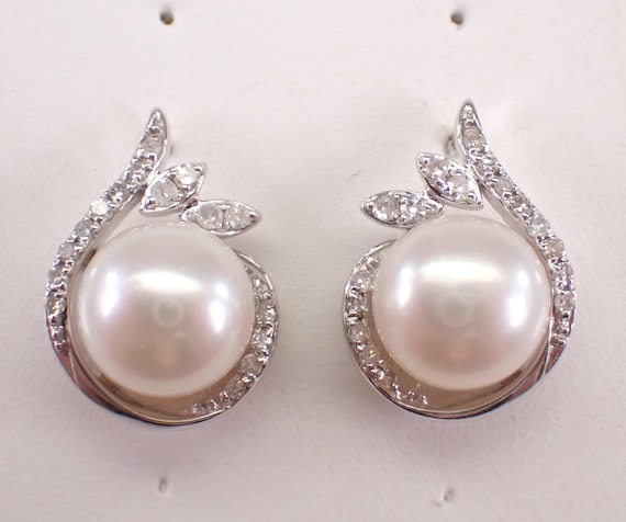 14K White Gold Pearl Stud Earrings, Teardrop Diamond Halo Setting