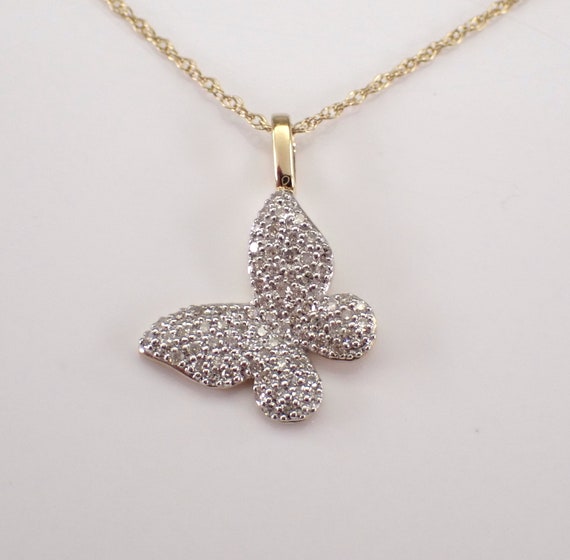 14K Yellow Gold Diamond Butterfly Necklace - Dainty Cluster Drop Pendant Choker - Simple Floating Charm on Thin Chain