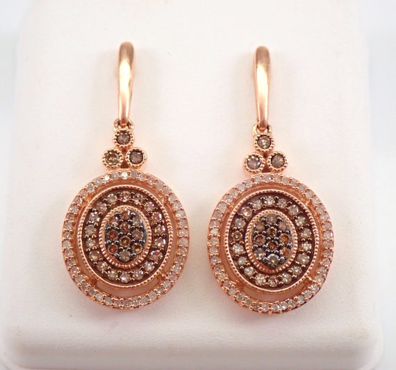 Diamond Earrings Rose Gold Cognac Diamond Cluster Drop Earrings Oval Modern Design Wedding Gift