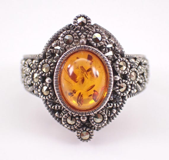 Vintage Sterling Silver Amber Cocktail Ring: Unique Antique Style Marcasite Band