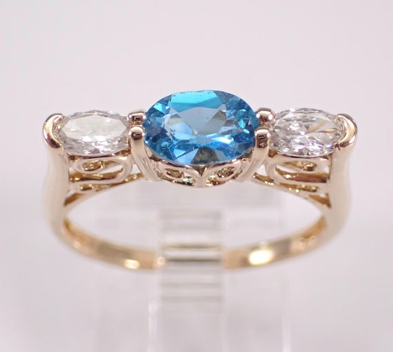 Vintage 14K Yellow Gold Blue Topaz Ring - Tall Filigree Three Stone Band - Dainty Little Bridal Jewelry Gift