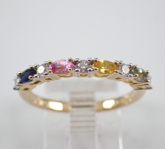 Multi Color Sapphire and Diamond Wedding Ring - 14K Yellow Gold Stackable Anniversary Band - Pink Blue Yellow Green Gemstone Fine Jewelry