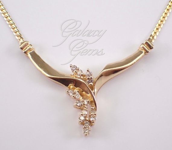 Vintage 14K Yellow Gold Diamond V Necklace: Lariat Style Station Pendant and Chain