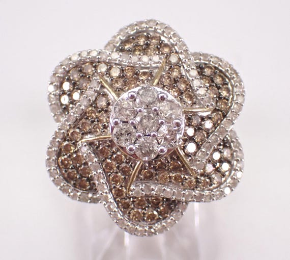 Yellow Gold Brown Diamond Flower Ring: Fancy Colored Spiral Cluster Band