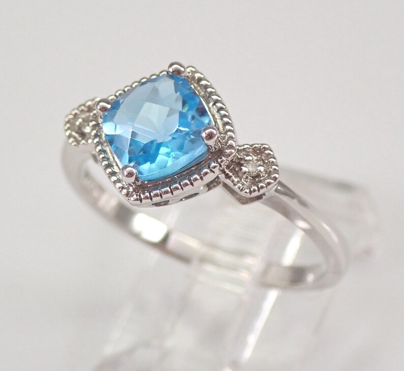 White Gold Diamond and Cushion Cut Blue Topaz Engagement Ring Size 7 December Birthstone FREE Sizing