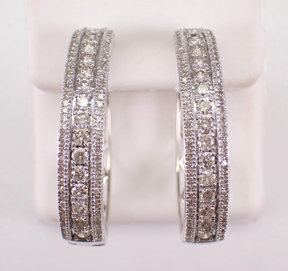 White Gold Diamond Hoop Earrings - Large Multi Row Diamond Huggies - GalaxyGems Fine Jewelry Gift