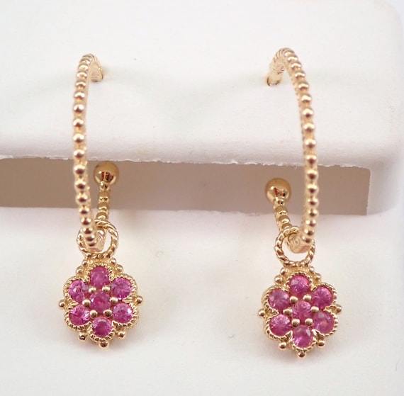 Pink Sapphire Earrings, Dangle Charm Earrings, 14K Yellow Gold Earrings, Flower Earrings, Gold Hoop Earrings