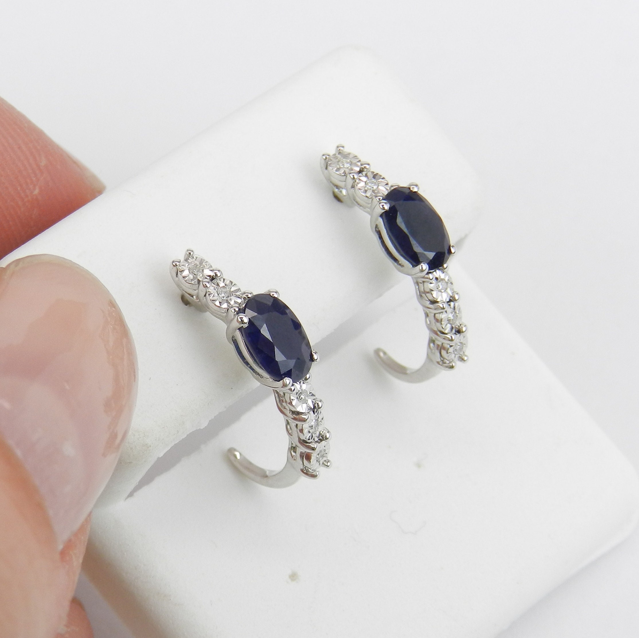 Diamond Sapphire Earrings Diamond Half Hoops 14K White Gold Graduation Gift