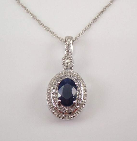 Sapphire and Diamond Pendant, White Gold Halo Necklace and Chain, September Birthstone Jewelry Gift