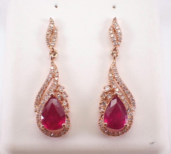 14K Rose Gold Ruby and Diamond Earrings - Dainty Teardrop Dangle Drops - July Birthstone Fine Jewelry Gift