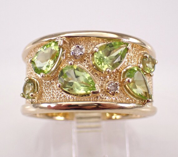 14K Yellow Gold Peridot and Diamond Ring, Vintage Estate Anniversary Band, Unique August Gemstone Jewelry Gift