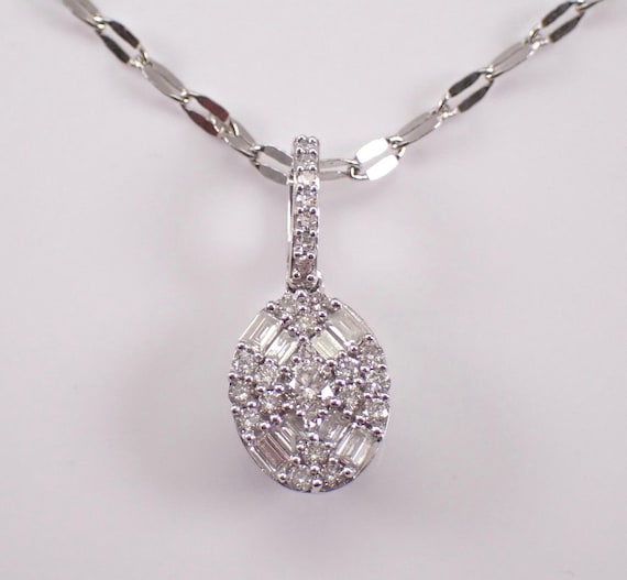 White Gold Diamond Cluster Pendant and Chain: Dainty Baguette Charm Necklace