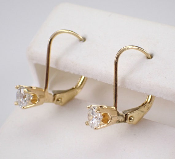 14K Yellow Gold Diamond Earrings - Vintage Estate Fine Jewelry Gift - Simple Leverback Drop