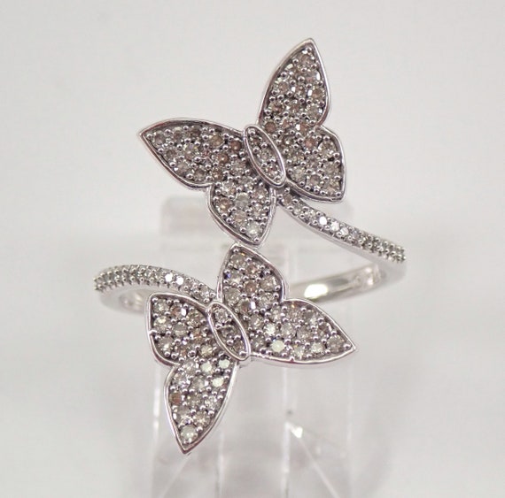 14K White Gold Diamond Butterfly Ring - Unique Crossover Bypass Cluster Design - GalaxyGems Fine Jewelry Gift